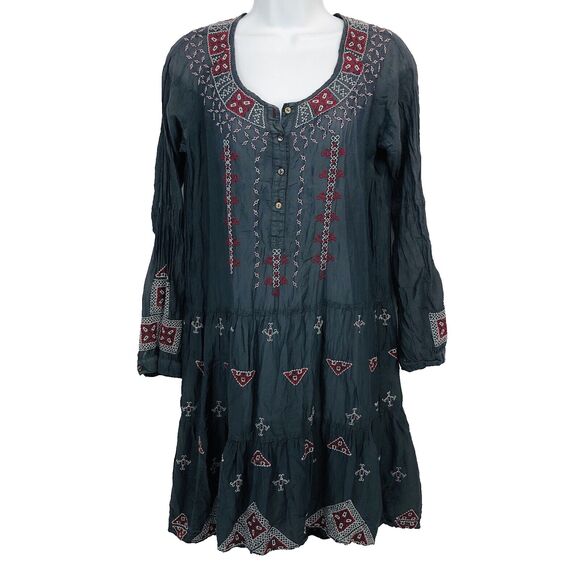 Johnny Was 3J Workshop Gray Embroidered Silk Womens Medium Boho Peasant Dress M - Picture 1 of 16